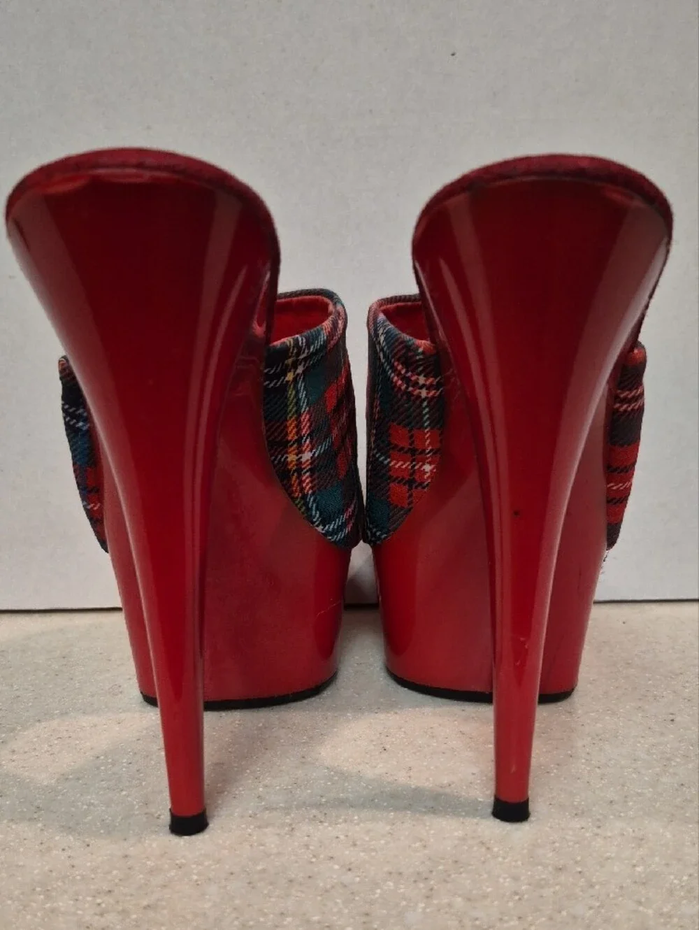 Forplay Red Plaid Platform Slide Heels with Multicolor Tartan Upper 8
